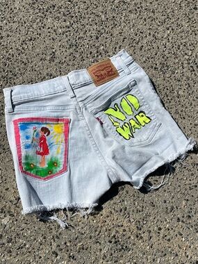 Levi's White Denim Cutoff Shorts with Neon 'NO WAR' & Painted Pocket Art